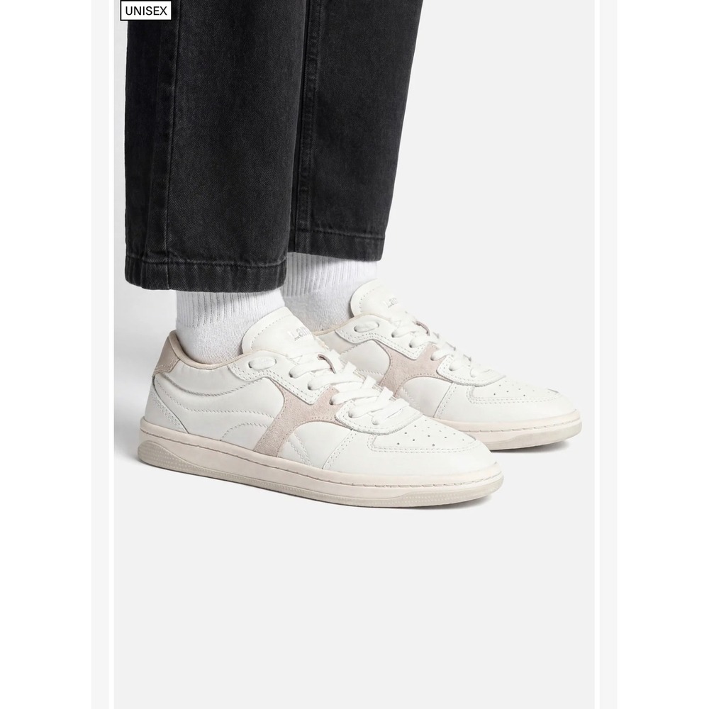 Larroude George Sneaker White Leather Mushroom Grey Suede Low Top